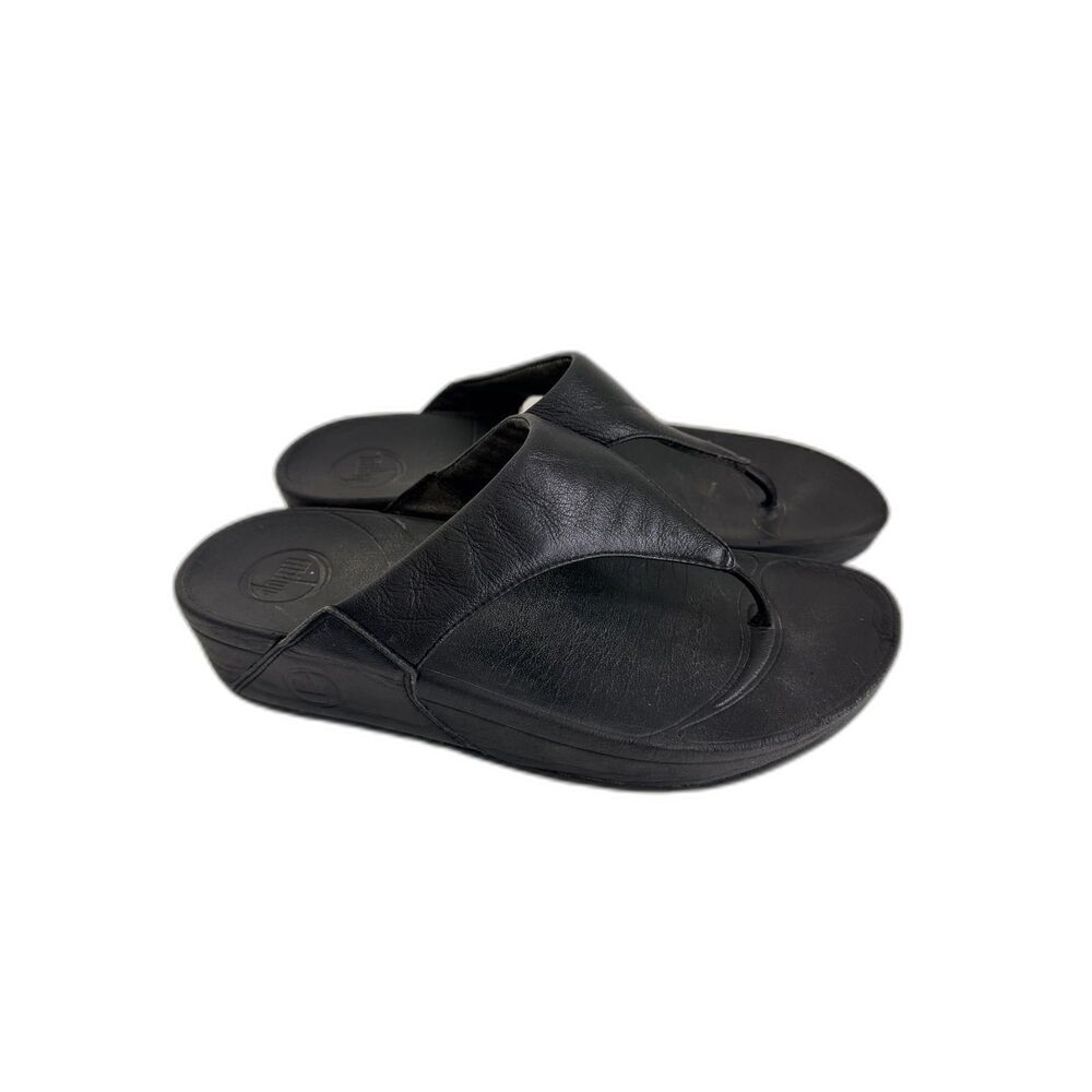 FitFlop Lulu Womens 8 Black Leather Toe Post Wedge Comfort Sandals Flip Flops